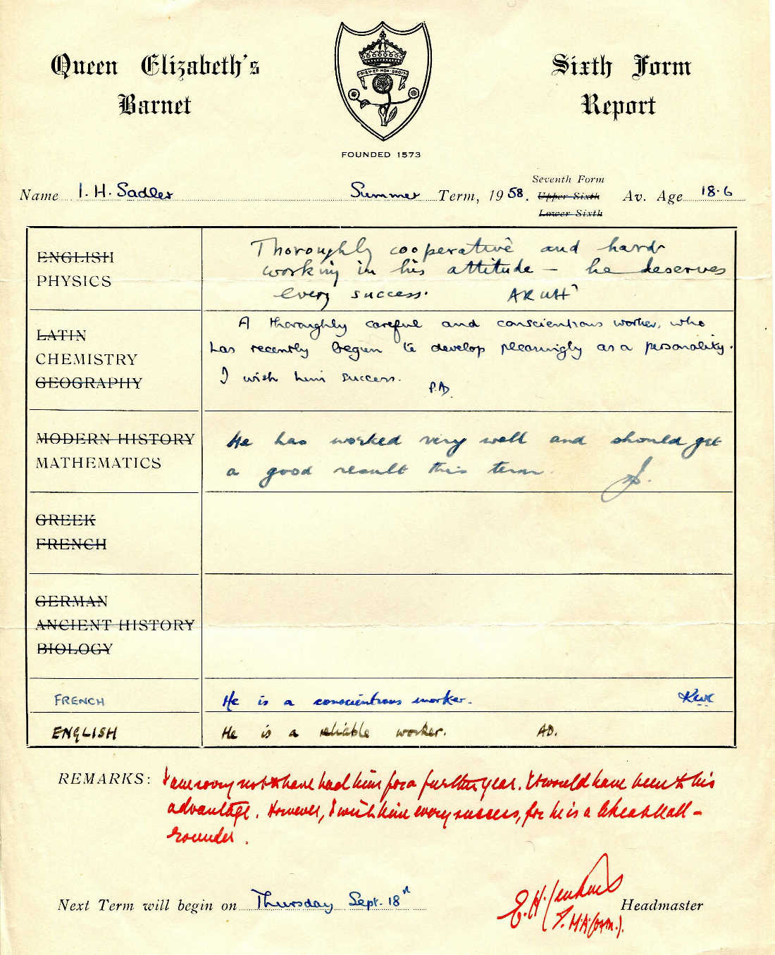School report, 1958 School report, 1958